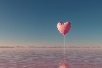 Fototapeta premium Heart-shaped balloon floating over a pink lake under a blue sky, creating a serene and romantic atmosphere.