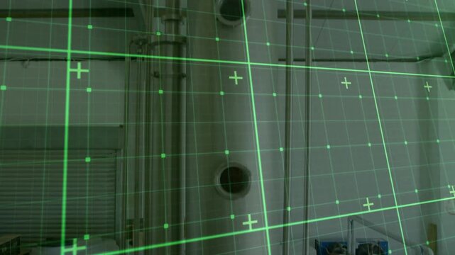 Green grid overlay activating then scanning downward over column highlighting ports for inspection