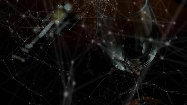 Scene start visualizing wine filling as network appearing around glass, bottle tilting pouring wine