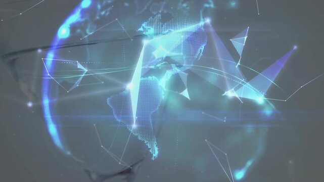 Glowing polygons drifting merging into mesh globe with pears entering droplets visualizing data