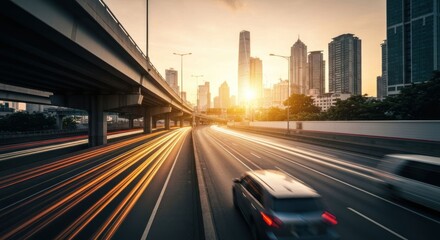 Naklejka premium Elevated highway with traffic at sunset, city skyline in the distance