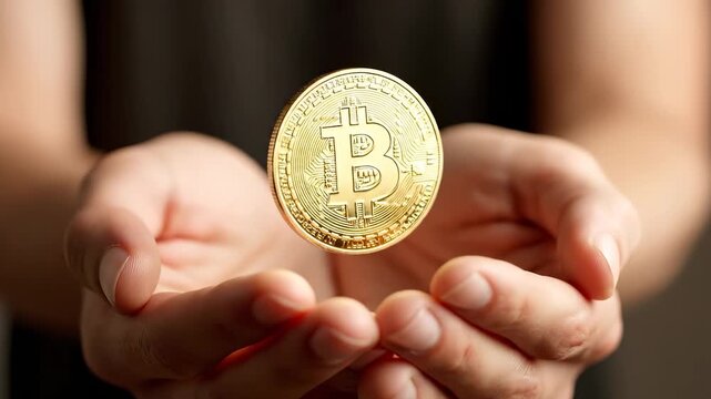 bitcoin coin rests in hand. cryptocurrency and wallet display gold metal finish. finance and money concept presented with tangible investment element. currency detail captured in simple composition.