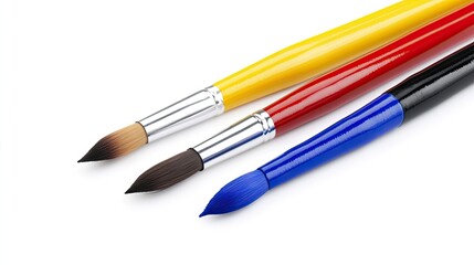 Vibrant collection of art brushes with colorful paint displayed against a clean white background in high-resolution detail