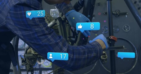 workshop technician servicing bike starting social counters during headset clamp tightening - Powered by Adobe