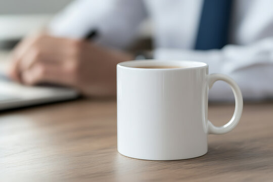 A refreshing coffee break for the businessman. A crisp, white ceramic mug filled with steaming coffee rests on a polished wooden desk, with a busy worker in the blurred background. - Powered by Adobe