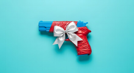 Blue Toy Gun Wrapped in Red Tape With Silver Bow gift