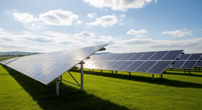 Close up Wide View of Solar Panel Farm Under Clear Sky with White Clouds in Daytime for Eco-Friendly Renewable Energy