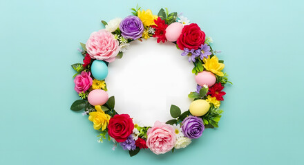Colorful Easter Egg and Flower Wreath on Teal Background