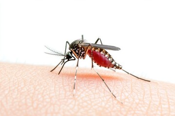 Fototapeta premium Scientific mosquito macro shot showing proboscis on human skin, perfect for health, biology, and vector-borne disease content.