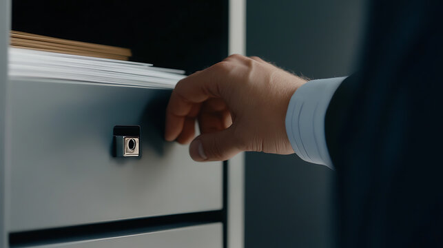 Close up of a person pulling a filing cabinet open to retrieve documents. The image shows a professional in an office setting, accessing files for organization.