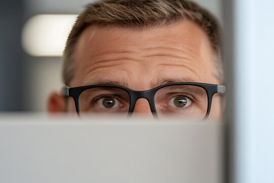 Focused gaze of a man in spectacles, eyes reflecting concentration. Intense and determined expression. A closer look. Eyes peeking from behind the screen. - Powered by Adobe