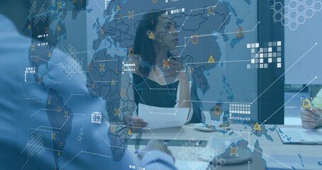 speaker raising hand presenting figures in business meeting with map overlay showing analytics - Powered by Adobe