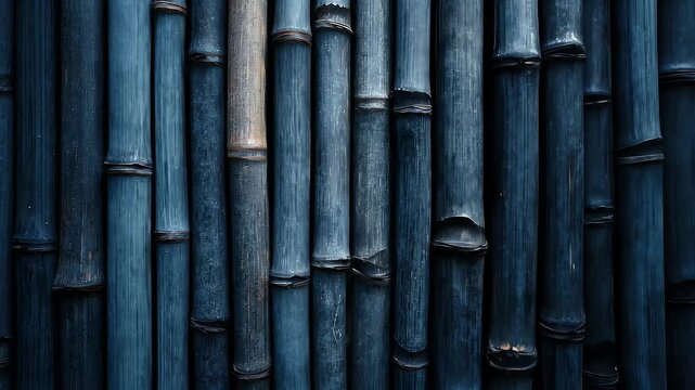 A close-up view presents a textured composition of vertical bamboo stalks in varying shades of blue