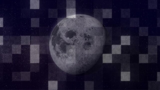 Opening starfield showing lunar disk lighting left as glitch grid scanning right tracking rotation