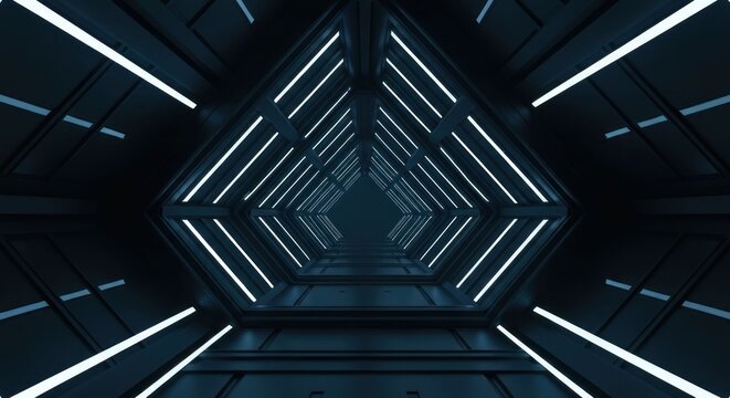 Geometric futuristic tunnel with glowing lines and triangular design