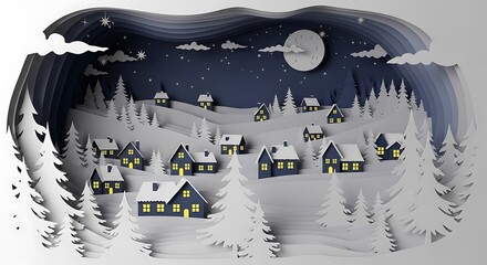 Paper cut style winter village scene at night with cozy houses nestled among snowy pine trees under moonlit sky and numerous stars