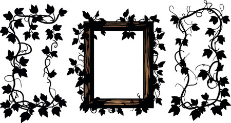 Ivy Vine Frames Set: Silhouette Borders and Rustic Wood Frame with Climbing Leaves