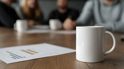 A close-up shows a white mug, positioned next to charts on a wooden table in a meeting room. The background shows blurred figures of people in a collaborative meeting.