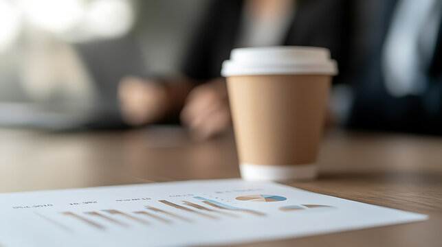 Close-up of a disposable coffee cup placed on a table with business documents. In the background, a blurred individual is seen working on a laptop. Focus on the work and coffee.