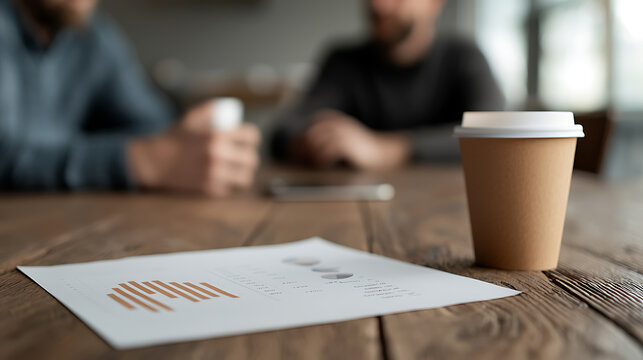 Analyzing financial data over coffee. Team meeting with graphs, reports, and shared insights on a wooden table. Collaborative discussion of business strategies.
