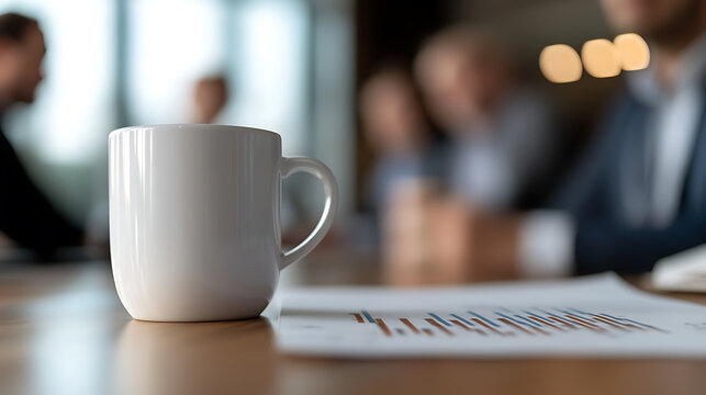 A white mug sits beside a graph printout on a conference table, hinting at a meeting in progress, blurred figures in the background, creating a sense of quiet focus.