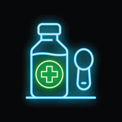 Glowing neon line medicine bottle and spoon icon isolated on black background. Vector illustration