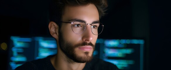The focused technologist diligently analyzes complex code on a large computer screen