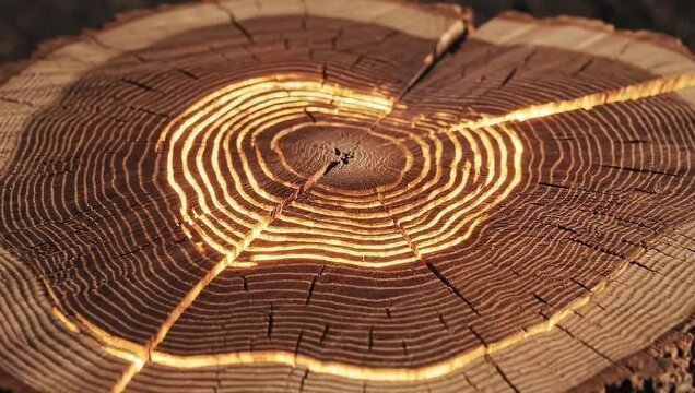 Closeup of a tree trunk with glowing rings showing the age of the tree