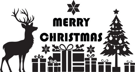 Merry Christmas Text with Reindeer, Presents, Decorated Tree, and Snowflakes Silhouette