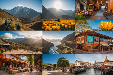 Collage of diverse landscapes including mountains, fields, and coastal towns
