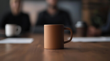 A minimalist tan coffee mug sits on a wooden conference table, surrounded by blurry figures of coworkers, illuminated by natural light, perfect for a peaceful break.