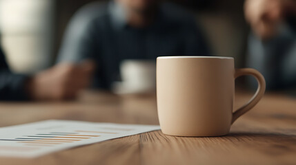 A serene moment during a business discussion, featuring a cup, financial charts, and blurred figures, all bathed in natural light on a wooden table.  Focused and thoughtful.