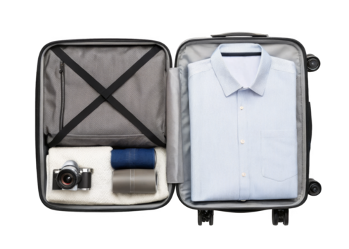suitcase open with clothes isolated on a transparent background.