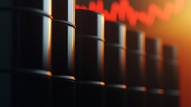 A line of black barrels are situated in a warm-toned setting, with an abstract red line graph in the background, evoking themes of industry, energy, and economic trends.
