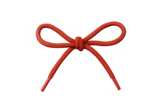 Red shoelace tied in a decorative bow knot, isolated on transparent background, perfect for fashion accessories and gifts