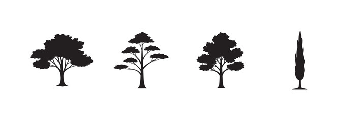 Collection of different types of tree silhouettes in black colour. Silhouette Illustration of Trees Four Different Tree Designs, vector illustration.