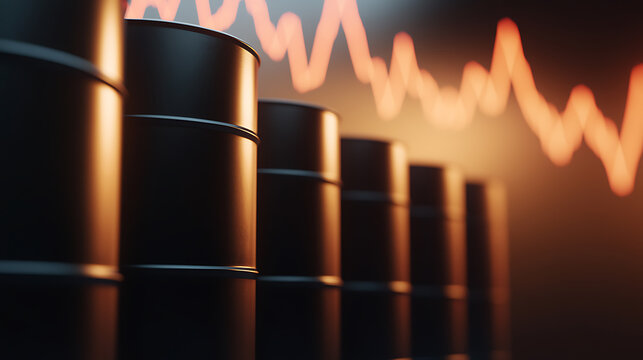 Crude oil drums lined up against a financial chart illustrating declining prices.  Symbolic representation of economic challenges & market fluctuations.