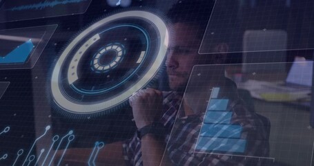 Tech engineer picking up red prototype, inspecting then swiping midair controlling holographic HUD