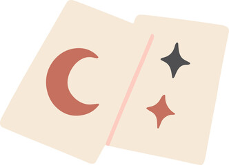 Minimalist flat illustration of two tarot cards featuring a crescent moon and sparkling stars, symbolizing divination, mystery, and spiritual insight in a soft pastel style.
