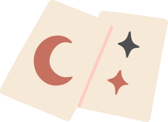 Minimalist flat illustration of two tarot cards featuring a crescent moon and sparkling stars, symbolizing divination, mystery, and spiritual insight in a soft pastel style.
