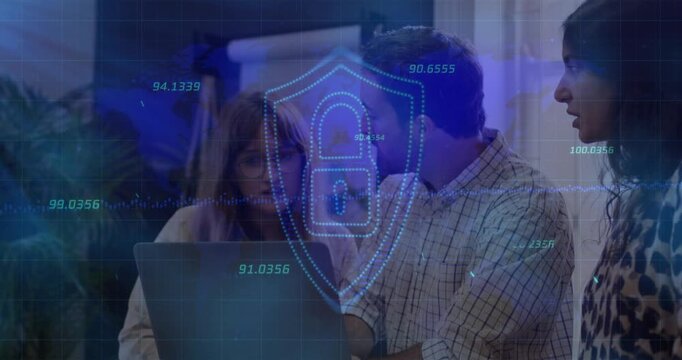 Man typing laptop as coworker pointing at metric initiating pulsing shield showing security score