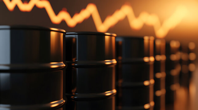 Crude oil barrels lined up against a backdrop of fluctuating market trends, symbolize the energy industry's volatility and the strategic importance of resources worldwide.