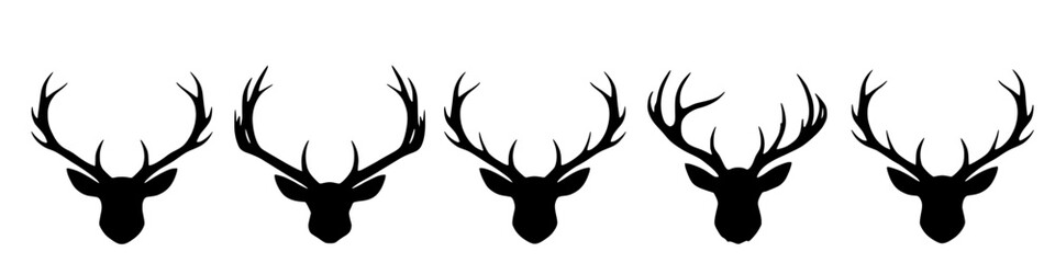 five deer heads with antlers silhouette in a row