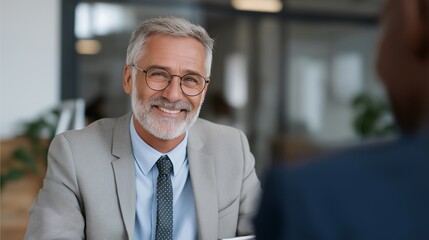 Fototapeta premium Insurance agent meeting senior client to explain health benefits and life policies, symbolizing empathy, responsibility, financial confidence, and professional advisory excellence. cinematic color