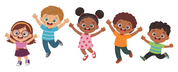 Diverse group of happy children jumping, celebrating success and joy