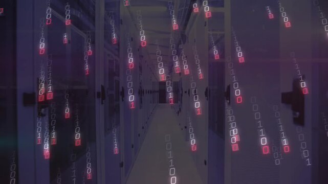Binary code materializing in server corridor glitching then cascading data rain for monitoring
