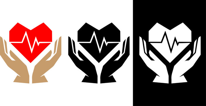 Modern Geometric Health Logo with Hands Holding Heart and Digital ECG Line