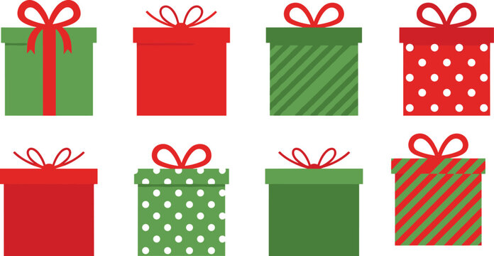 Christmas gift box set with red and green ribbons, festive wrapping styles, holiday celebration packaging, seasonal decor, cheerful present layout