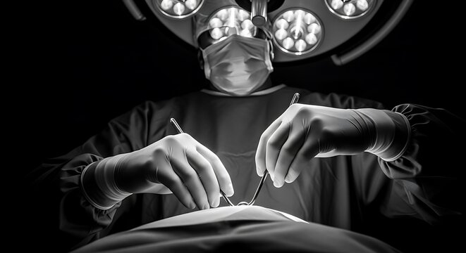 Skilled surgeon performing delicate operation under bright surgical lights with intense focus and precision, showcasing medical expertise and care,Generated Image