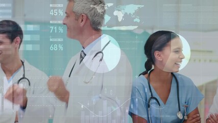 Senior doctor gesturing in hospital generating data overlays aligning colleagues reviewing metrics - Powered by Adobe